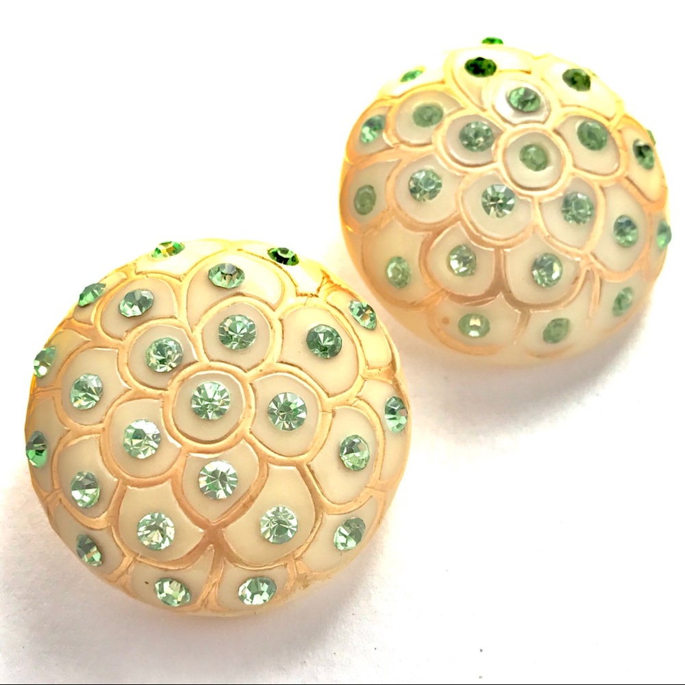 Vintage Earrings Celluloid Rhinestone Mint Green
